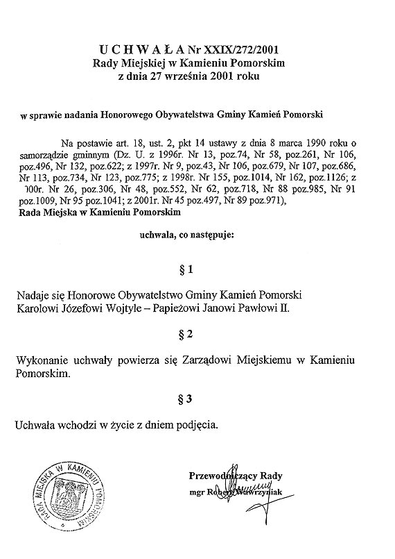 Uchwa�a XXIX/272/2001 Rady Miejskiej w Kamieniu Pomorskim