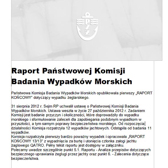 Raport w sprawie wypadku wypadnięcia za burtę i utonięcie członka załogi jachtu