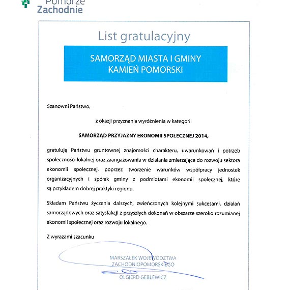 Wyr�nienie dla Kamienia w kategorii samorz�d przyjazny ekonomii spo�ecznej
