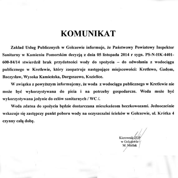 Szanowni mieszka�cy Gminy Golczewo! Woda nie mo�e by� wykorzystywana do picia i na potrzeby gospodarcze!