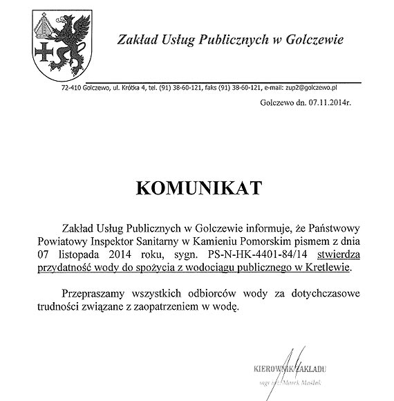 Gmina Golczewo: Woda z kranu zdatna do picia