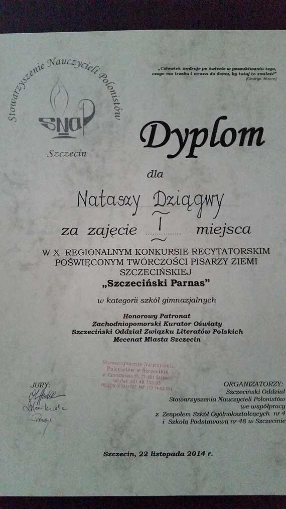 Sukces Nataszy Dzi�gwy w konkursie recytatorskim "Szczeci�ski Parnas"