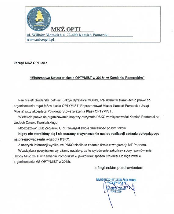 O�wiadczenie M�odzie�owego Klubu �eglarskiego OPTI w sprawie organizacji Mistrzostw  �wiata klasy Optymist  w Kamieniu Pomorskim
