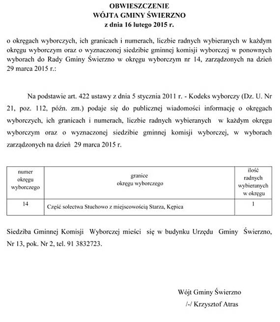 Powt�rzenie wybor�w na radnego w Gminie �wierzno