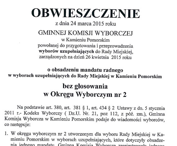 W Kamieniu Pomorskim nast�pi� wyb�r milcz�cy czyli obsadzenie mandat�w radnych bez g�osowania
