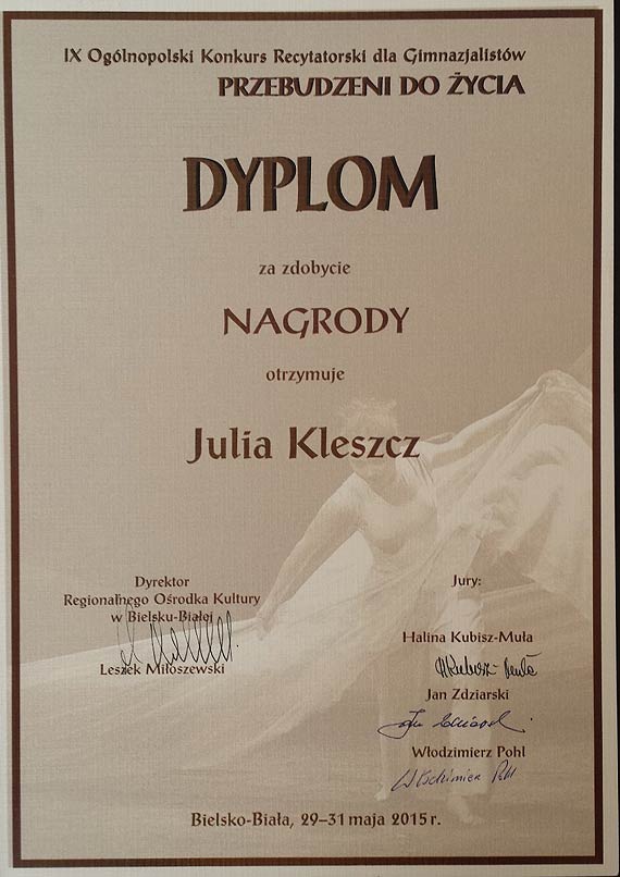 Kolejny triumf Julii Kleszcz z Publicznego Gimnazjum w Wolinie