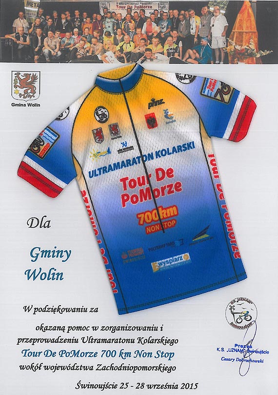 Kolarze dziękują Gminie Wolin za wsparcie tegorocznych zawodów
