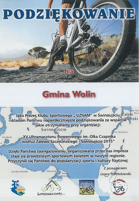 Kolarze dziękują Gminie Wolin za wsparcie tegorocznych zawodów