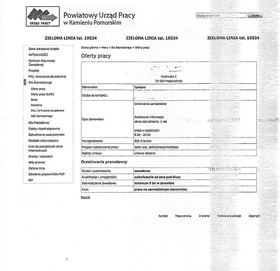 12 godzin za jedyne 925 zotych brutto! Wyjtkowo ”atrakcyjna” oferta pracy w Powiatowym Urzdzie Pracy w Kamieniu Pomorskim