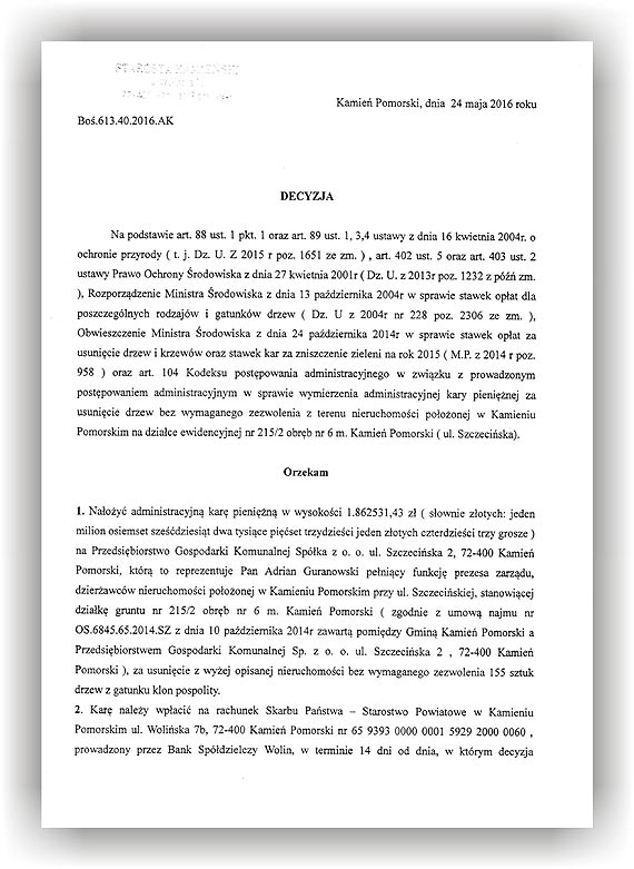 Milion osiemset tysicy zotych kary administracyjnej ma zapaci PGK Spka z o.o. w Kamieniu Pomorskim za nielegalne wycicie drzew