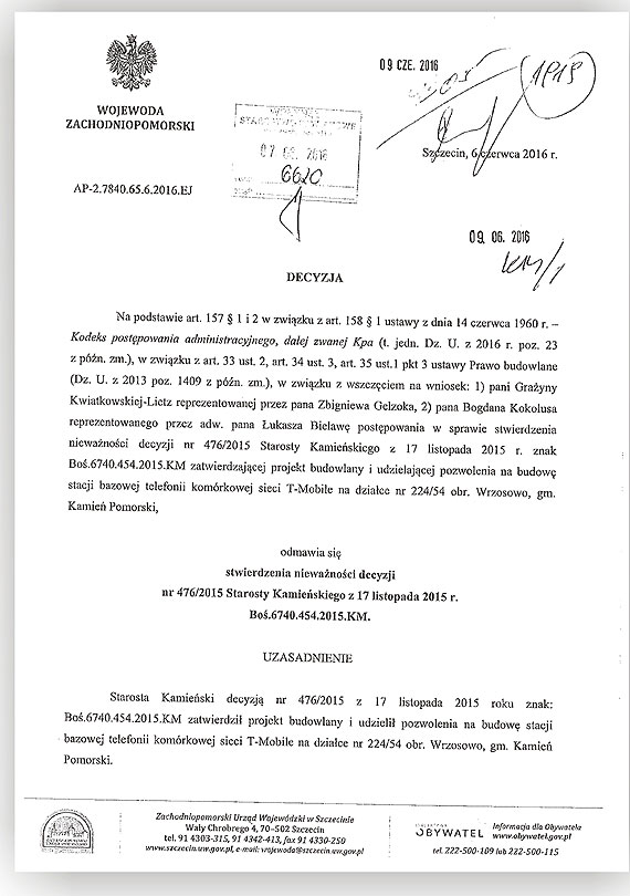 Wojewoda Zachodniopomorski zakończył spór wokół wieży telefonii komórkowej we Wrzosowie