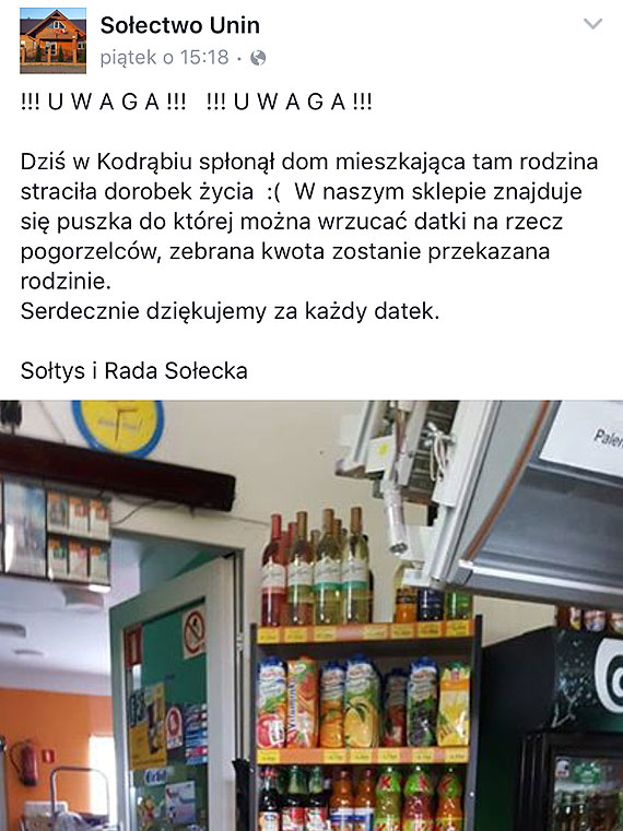 Mieszkacy Unina maj wielkie serce! W miejscowoci ruszya zbirka pienidzy dla pogorzelcw