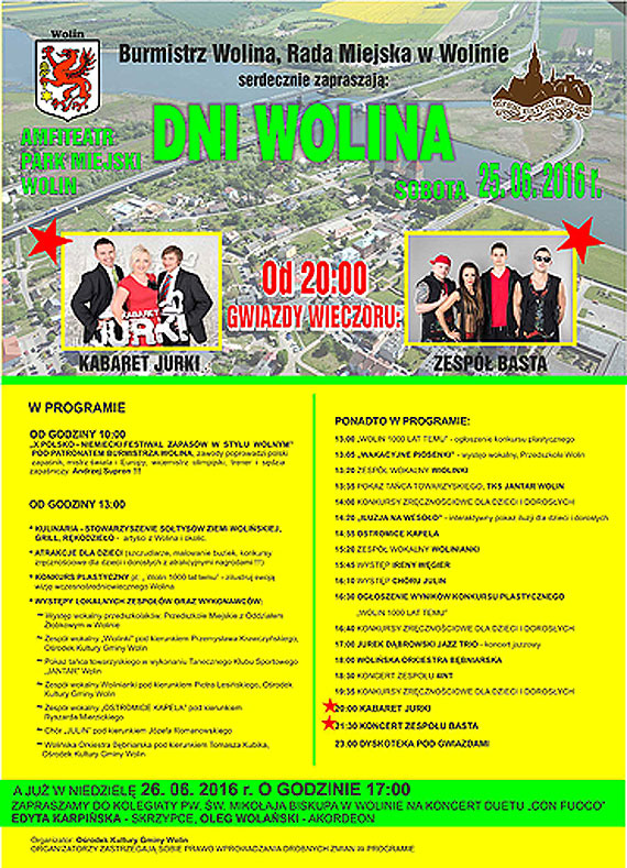 Burmistrz Wolina, Rada Miejska w Wolinie serdecznie zapraszaj na Dni Wolina 2016