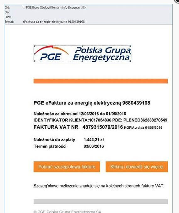  PGE ostrzega: wiadomo e-mail z tytuem „eFaktura za energi elektryczn” moe zawiera gronego wirusa!