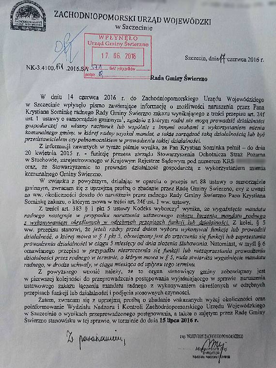 Radny Świerzna Krystian Sominka pod lupą Wojewody
