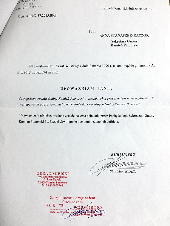 Stanowisko w sprawie da penomocnika Burmistrza Anny Stanaszek-Kaczor 