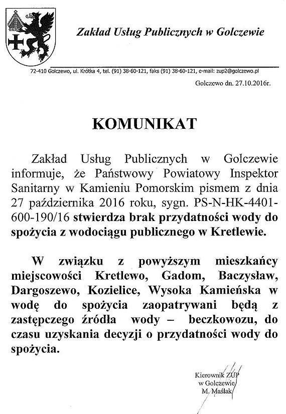 Woda z wodociągu w Kretlewie, nie nadaje się do spożycia! Podstawione zostały beczkowozy