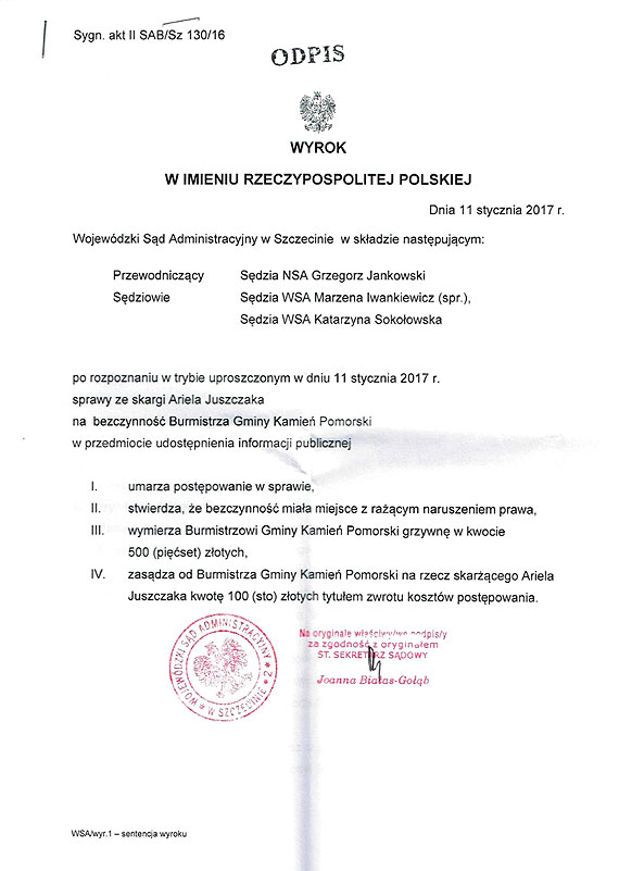 Burmistrz Kamienia Pomorskiego ukarany za bezczynno