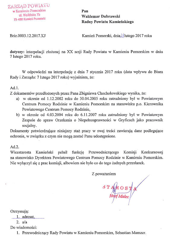 Starosta kamieski odpowiada na interpelacj radnego