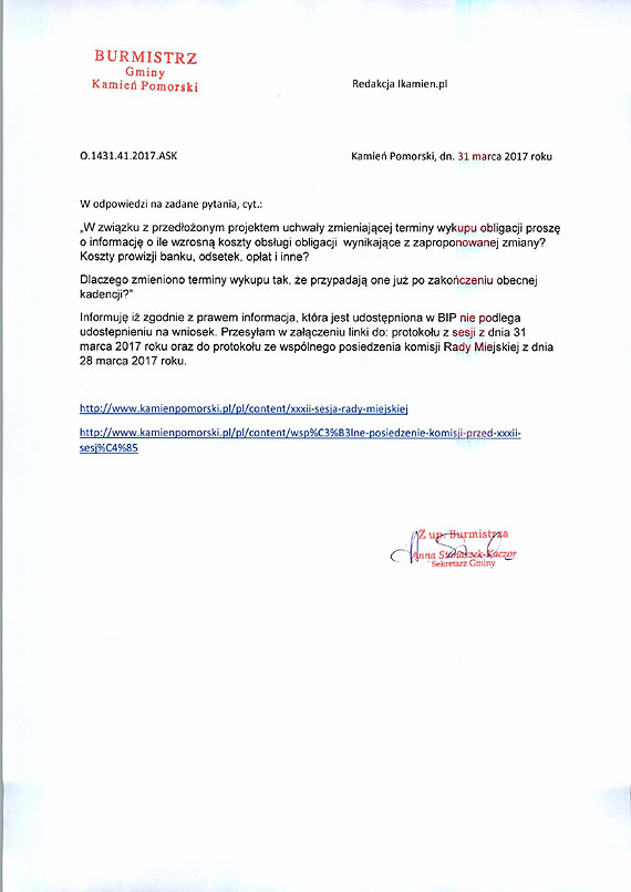 Gmina odpowiada w sprawie kosztw zmiany terminu wykupu obligacji