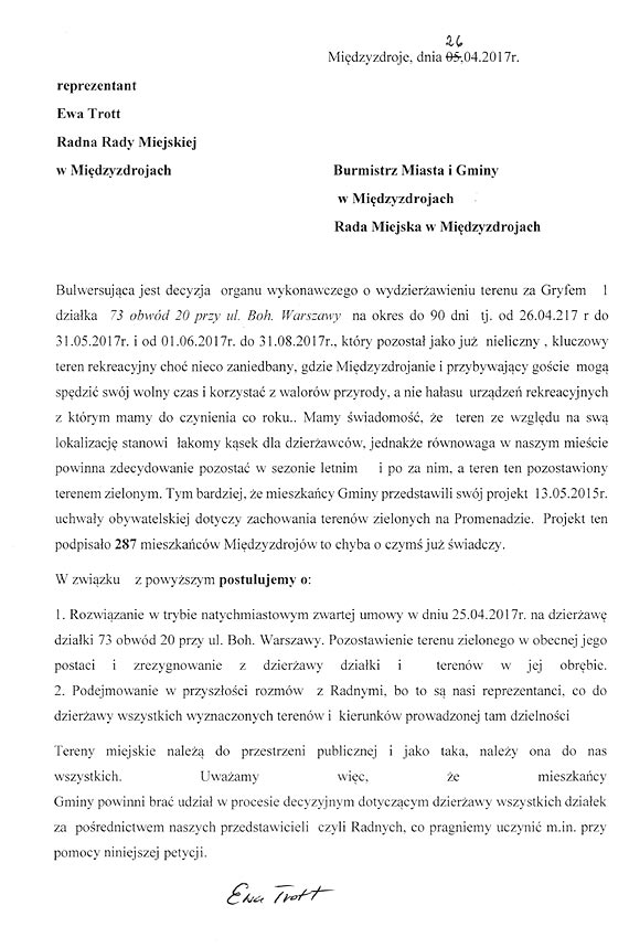 Radna Ewa Trott w imieniu grupy mieszkańców złożyła petycję
