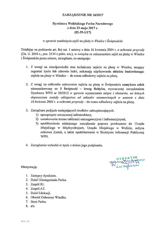 Woliski Park Narodowy demontuje zejcia na pla