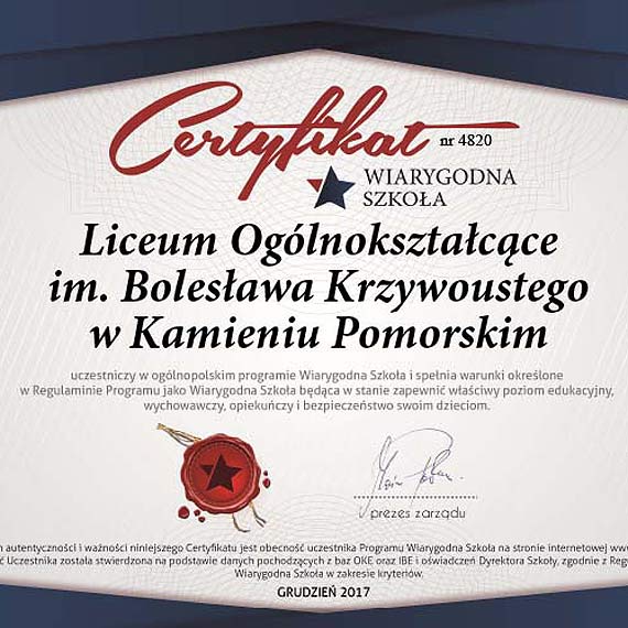 Kamieskie liceum z certyfikatem!