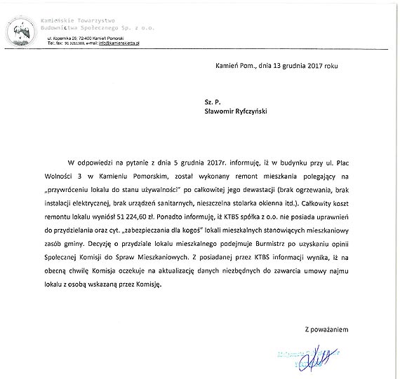 Lokal mieszkalny w budynku przy ulicy Plac Wolnoci 3 w Kamieniu Pomorskim zostanie niebawem zasiedlony