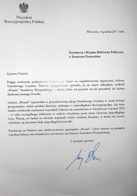 Podzikowania od Pana Prezydenta Andrzeja Dudy