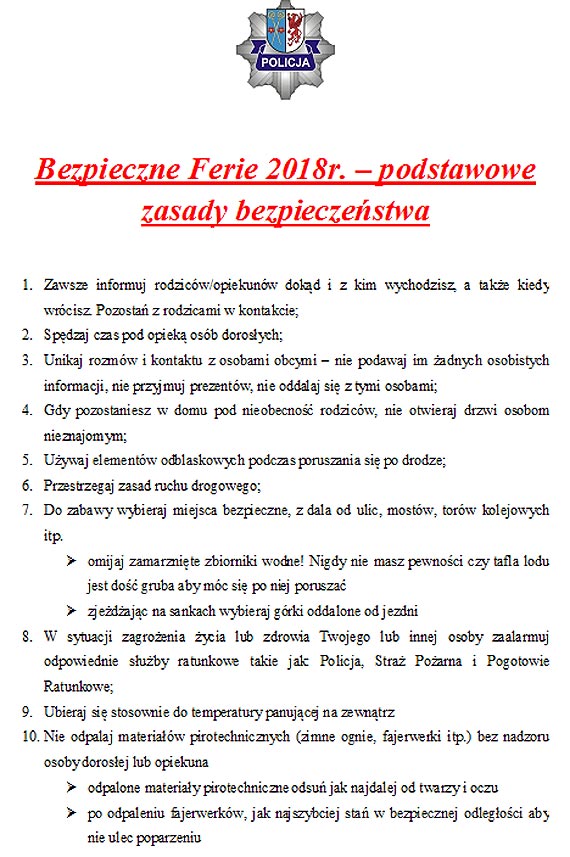 Bezpieczne Ferie Zimowe 2018