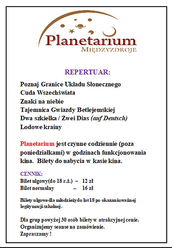 Repertuar planetarium Midzyzdroje