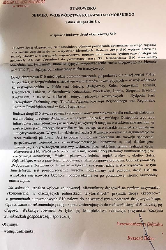 Kujawsko - Pomorskie popiera budow� S10 od Szczecina do Warszawy