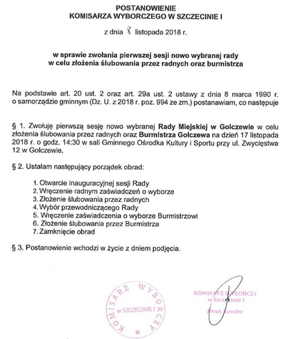 W sobot 17. listopada 2018 roku pierwsza sesja kadencji 2018-2023 w Golczewie