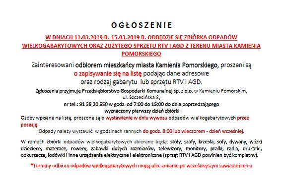 Zbirka odpadw wielkogabarytowych oraz zuytego srztu RTV i AGD z terenu miasta Kamienia Pomorski