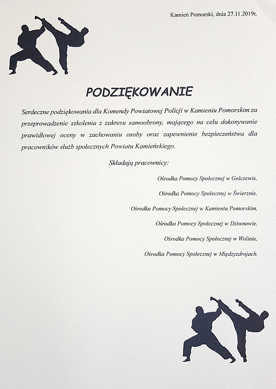 Szkolenie z zakresu samoobrony dla pracownikw socjalnych powiatu kamieskiego