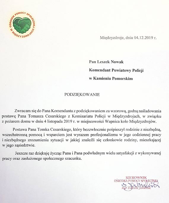 Podziękowania dla funkcjonariusza z Komisariatu Policji w Międzyzdrojach