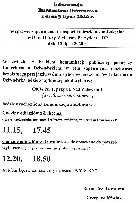 Informacja o moliwoci indywidualnej komunikacji - przewiezienia z miejsca zamieszkania do siedziby waciwej obwodowej komisji wyborczej w dniu 12 lipca 2020 roku dla osb potrzebujcych: niepenosprawnych i majcych problem z poruszaniem si.