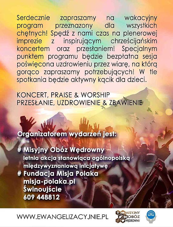 Spd z nami czas na plenerowej imprezie z inspirujcym chrzecijaskim koncertem oraz przesaniem!- Fundacja Misja Polaka zaprasza