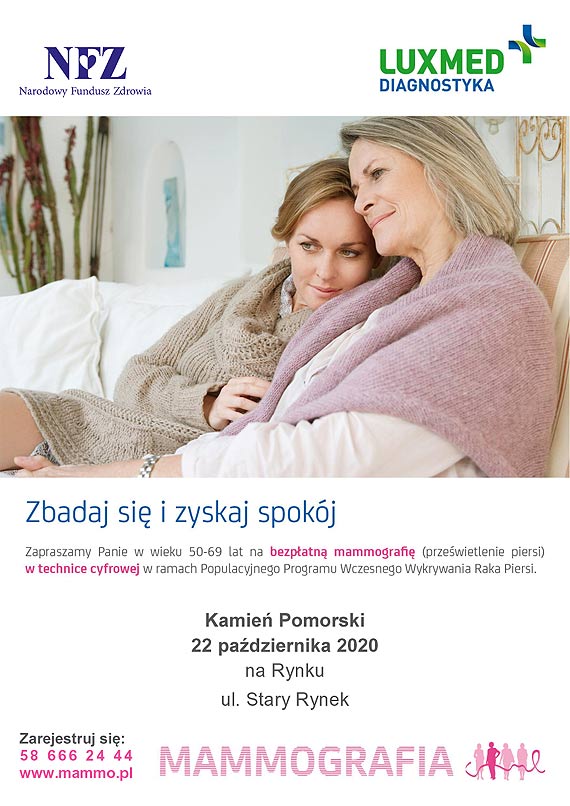 Październik Miesiącem Świadomości Raka Piersi – bezpłatne badania mammograficzne LUX MED –Powiat Kamieński - Golczewo, Kamień Pomorski, Międzyzdroje