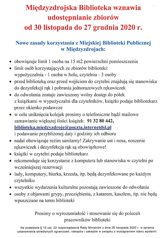 Midzyzdrojska Biblioteka wznawia udostpnianie zbiorw  od 30 listopada do 27 grudnia 2020 r.
