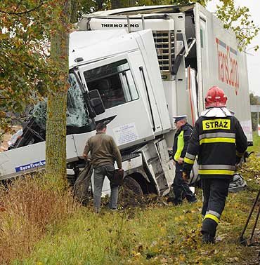 Ostromice: TIR uderzy� w drzewo. Kierowca zas�ab�