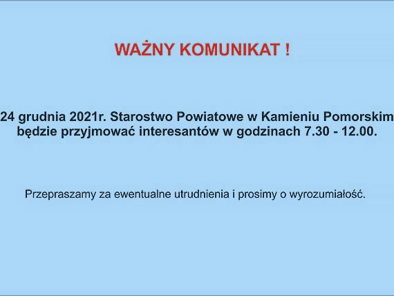 Starostwo Powiatowe - godziny urzdowania 24.12.2021