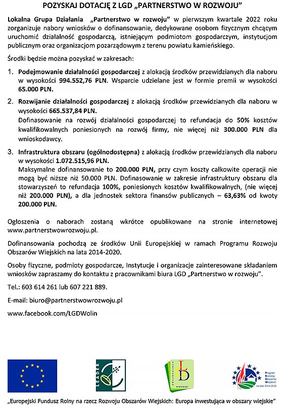 Pozyskaj dotacj z LGD „PARTNERSTWO W ROZWOJU”