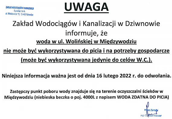 Uwaga mieszkacy Midzywodzia! ZWiK informuje o niezdatnoci wody do picia