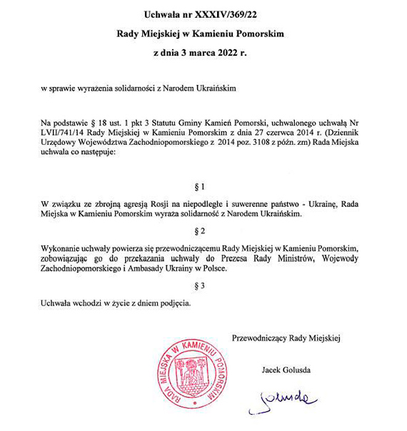 Radni Kamienia Pomorskiego solidarni z Ukrainą. Zobowiązali burmistrza do przekazania pomocy finansowej