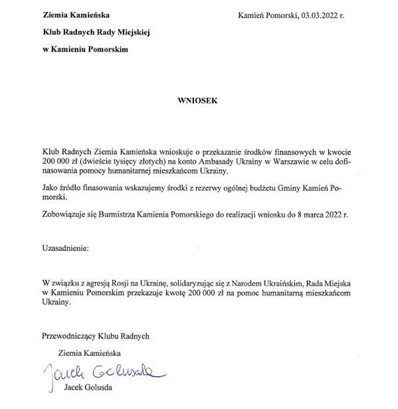 Radni Kamienia Pomorskiego solidarni z Ukrainą. Zobowiązali burmistrza do przekazania pomocy finansowej