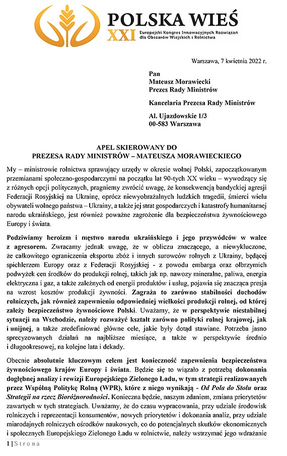 Apel Ministrów Rolnictwa do Premiera Mateusza Morawieckiego