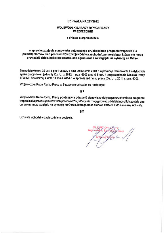 Przedsiębiorcy z Zalewu i Odry potrzebują wsparcia Stanowisko Wojewódzkiej Rady Rynku Pracy w Szczecinie