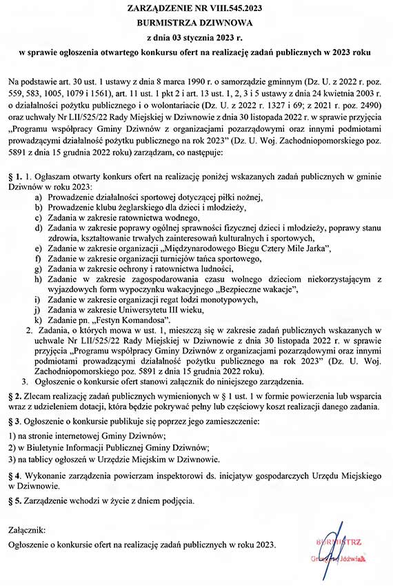 Zarzdzenie Burmistrza Dziwnowa NR VIII/545/2023