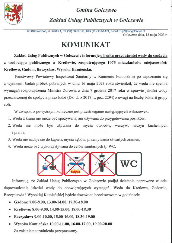 Komunikat  Zakadu Usug Publicznych w Golczewie o braku przydatnoci wody do spoycia